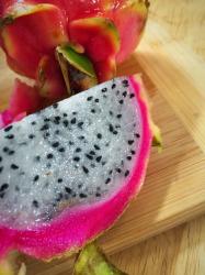 Pitaya, or dragonfruit, from a local cactus. Fresh from the organic farmer. The color was amazing and it tasted good too! This was mildly sweet. I have tried other cactus fruit that were more tart.